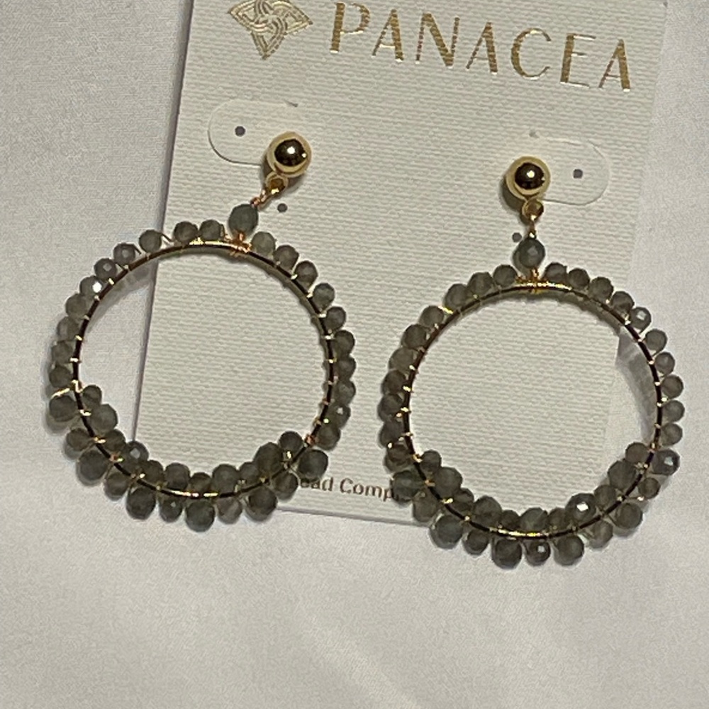 Panacea Cache Gold Hoop Earrings with Gray Beads - Picture 2 of 5